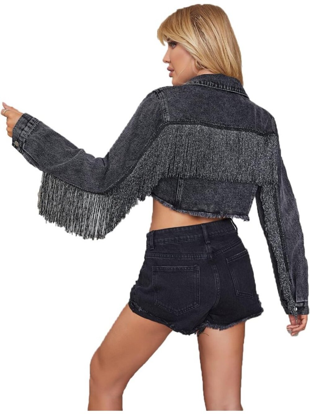 Women’s Crop Denim Lightweight Black Jacket Tassel Casual Jean Coat With Fringe
